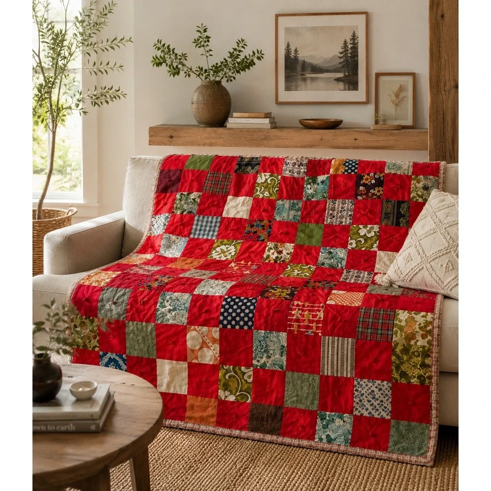 Vintage Handmade Patchwork Tied Quilt Red Floral Plaid Farmhouse Throw Blanket